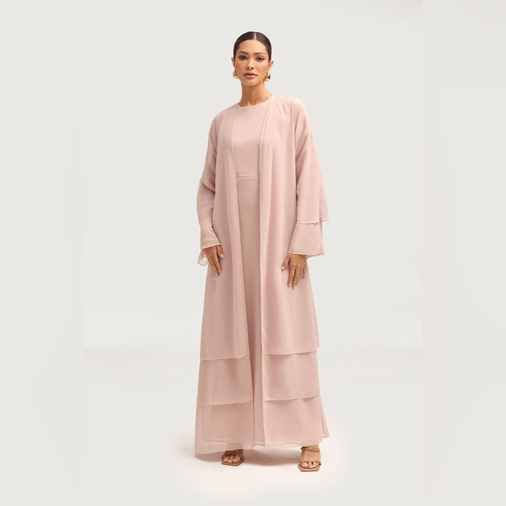 Elegant Women's Layered Abaya Dress - Blush Pink
